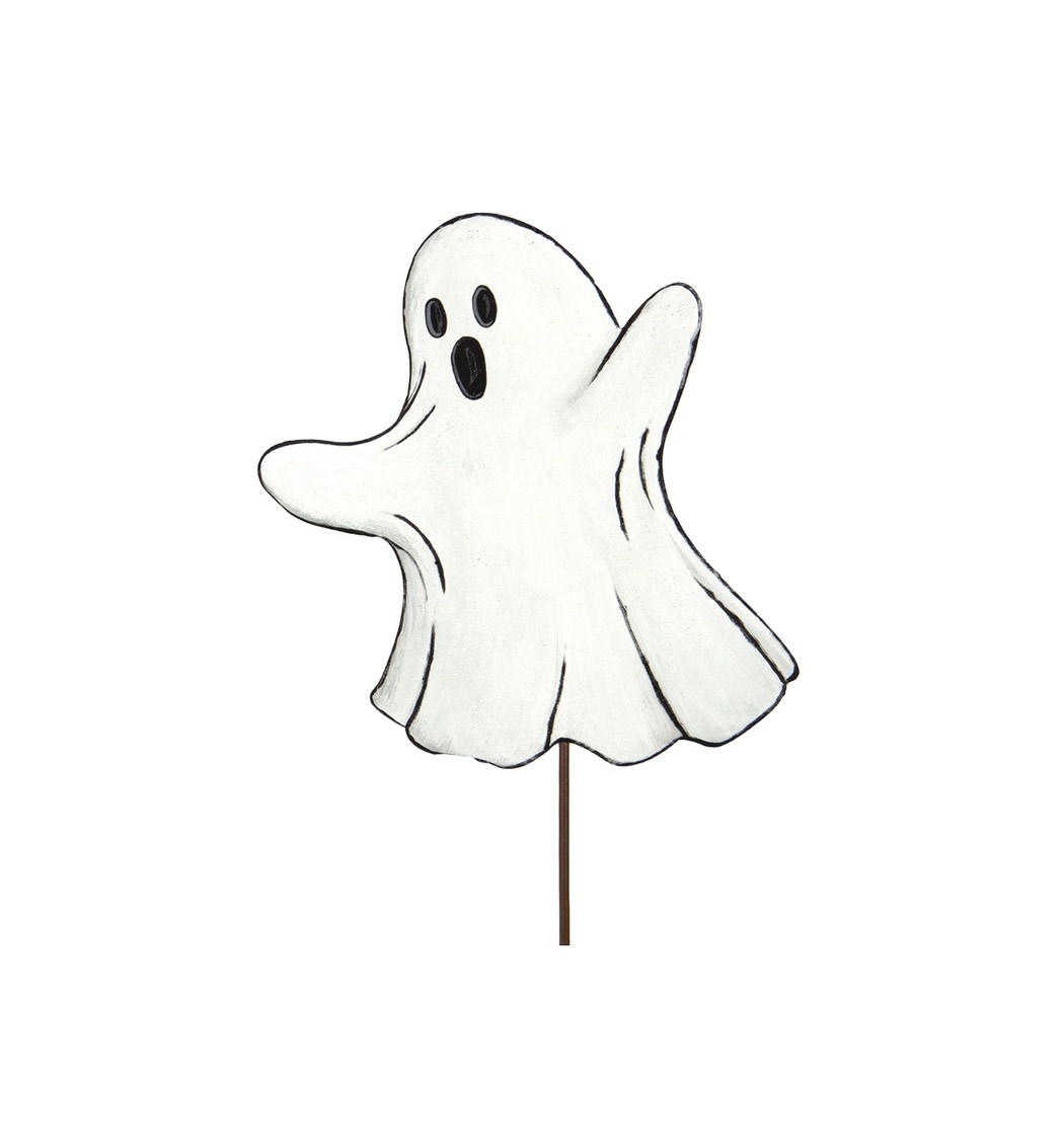 White ghost yard stake with black outlines and a surprised facial expression.