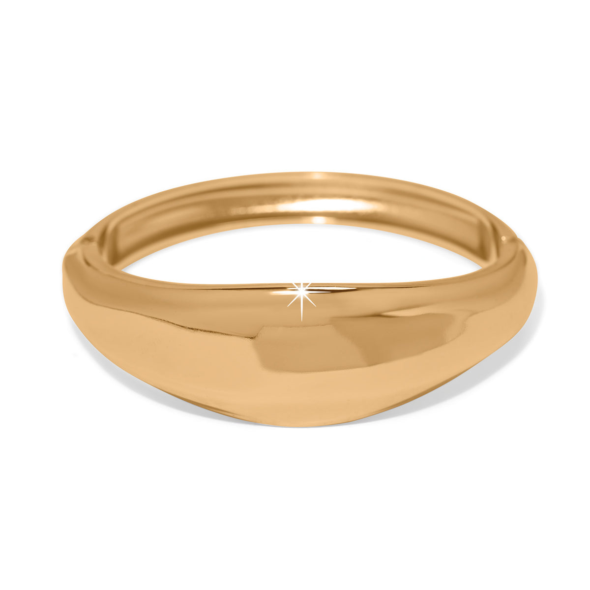 Cascade Lumina gold plated hinged bangle with a wide, smooth, polished finish.