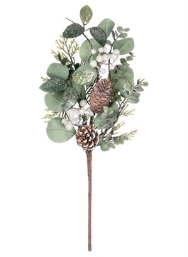 Artificial berry and foliage pick with green leaves, white berries, and brown pinecones.