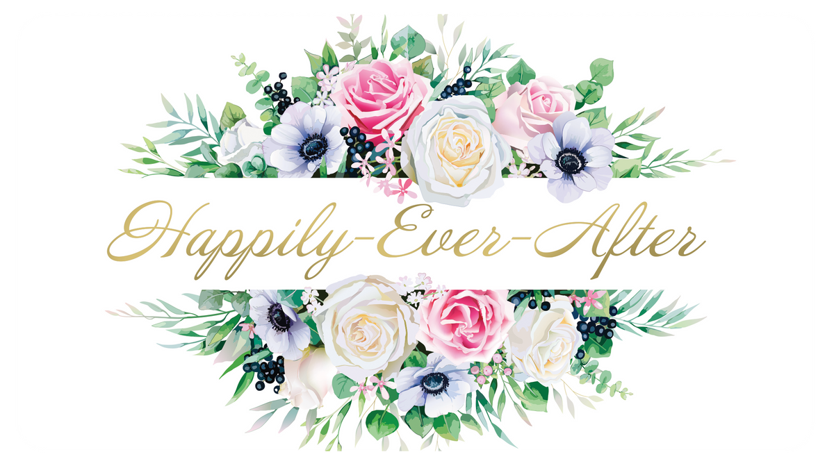 Greeting card with a floral border and the text "Happily-Ever-After" in gold script.