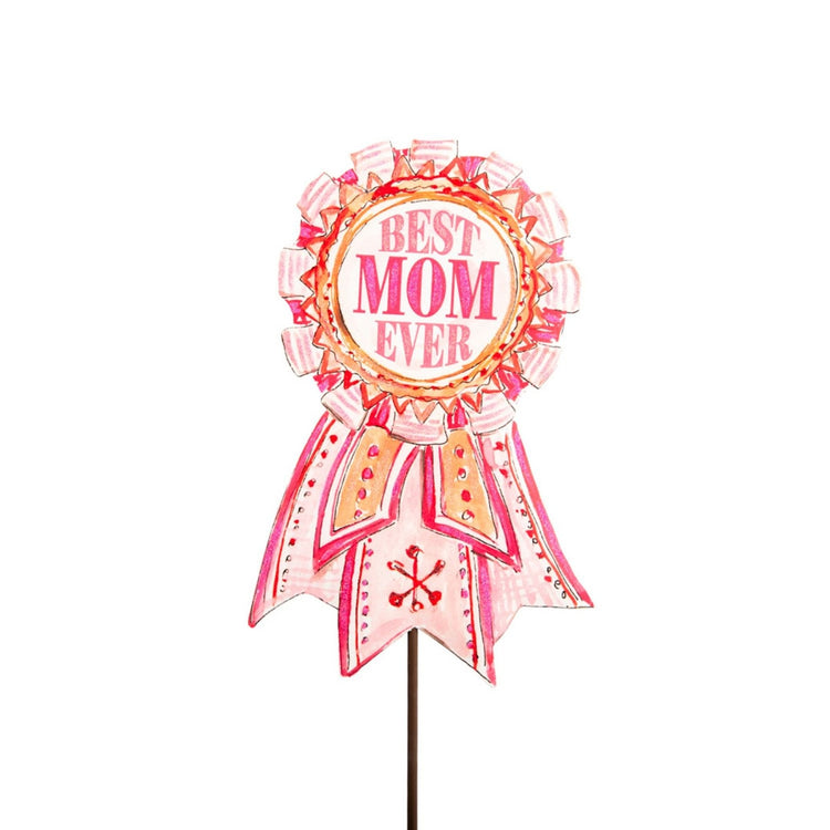 Beck's Best Mom Ever ribbon stake measuring 8.5 inches long with a red and white striped pattern.