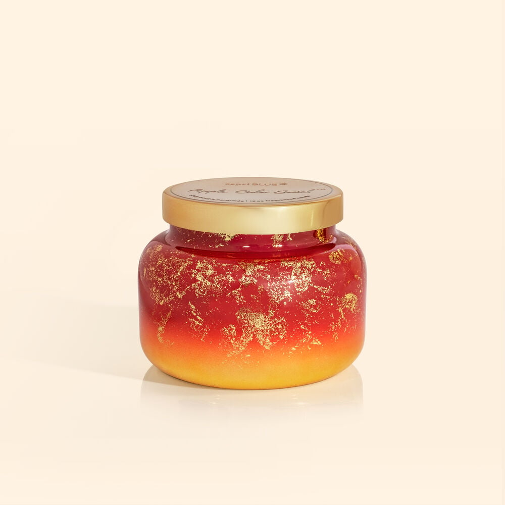 Apple Cider Social Glimmer Signature Jar candle in a clear glass jar with silver glitter accents.