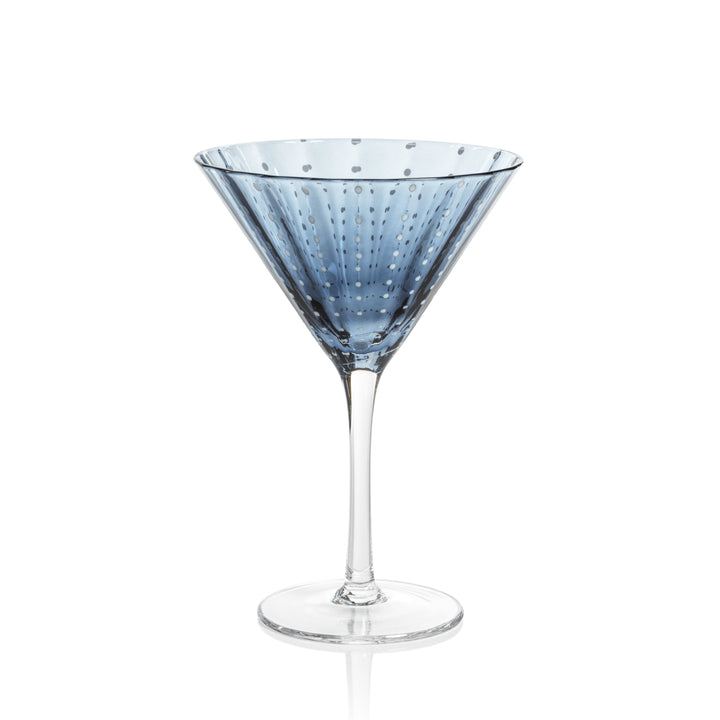 Navy blue Portofin White Dot Martini glass with white dot pattern on clear stemware