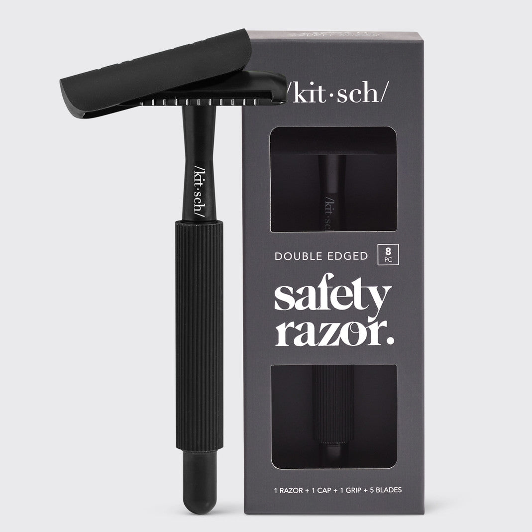 Black metal safety razor with plastic-free reusable handle.