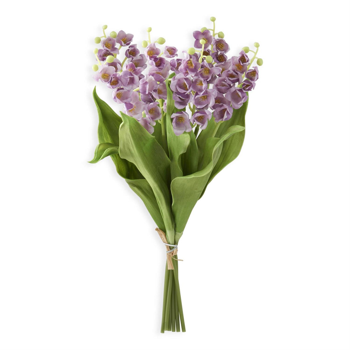 Real Touch Lily of the Valley bundle featuring a bouquet with white flowers in green foliage arranged in a clear vase.