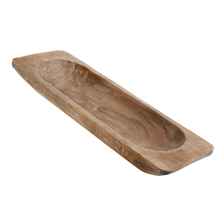 Brown wooden decorative dough bowl measuring 28 inches long.