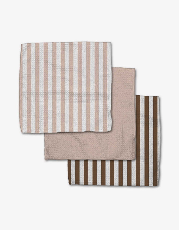 Set of three waffle weave dishcloths in recycled polyester with single-sided prints and hang loops.