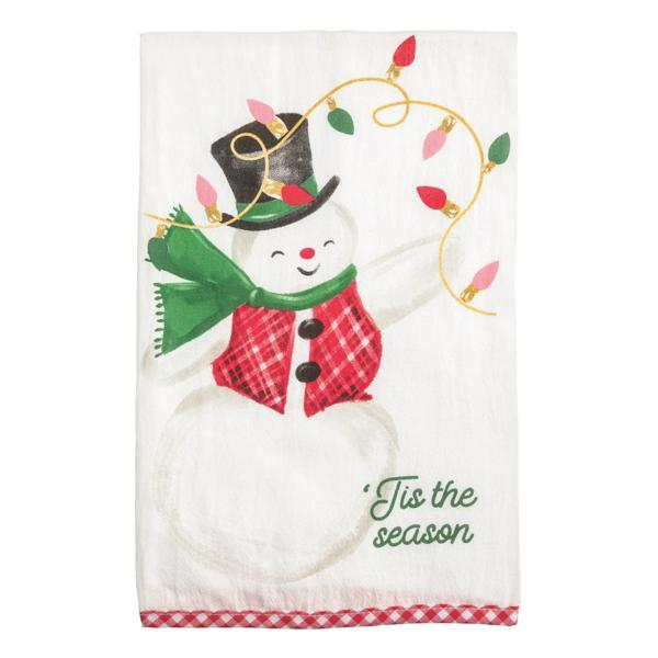 White Christmas towel featuring a smiling snowman in a top hat and red vest with holiday lights.