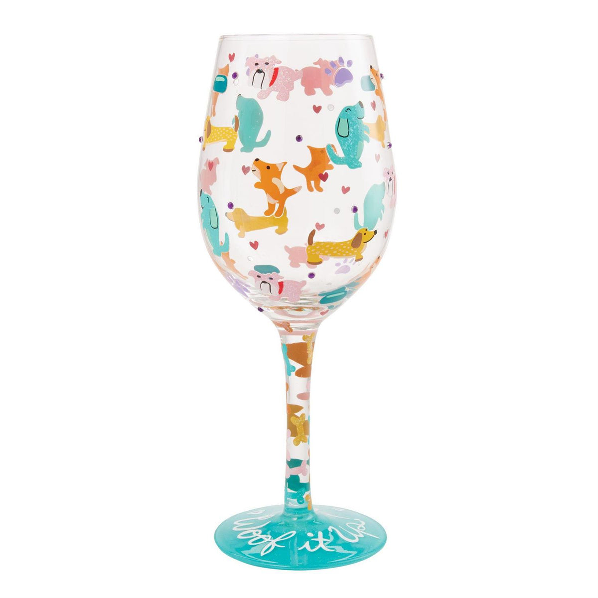 Blown glass wine glass with hand-painted colorful cocktail recipe base and glitter accents