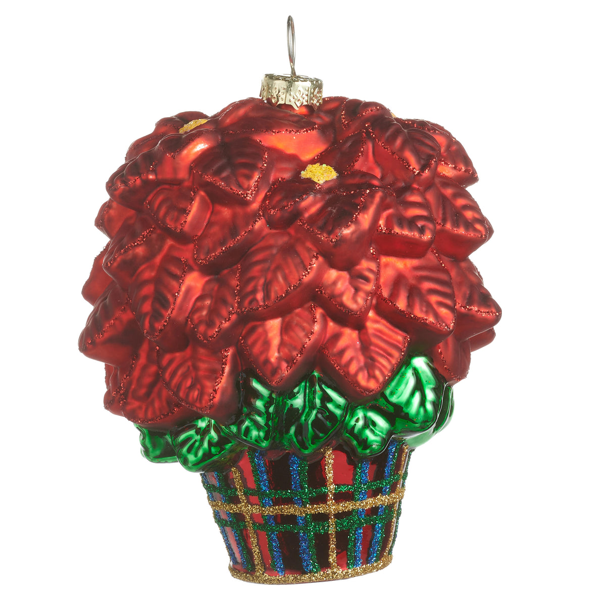 4-inch glass poinsettia ornament in a plaid pot with red petals and green leaves.