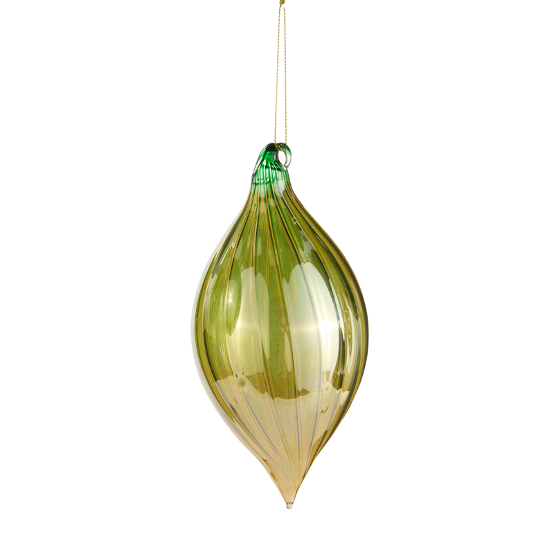 4-inch green iridescent glass teardrop ornament with a ribbed texture and gold hanging string.