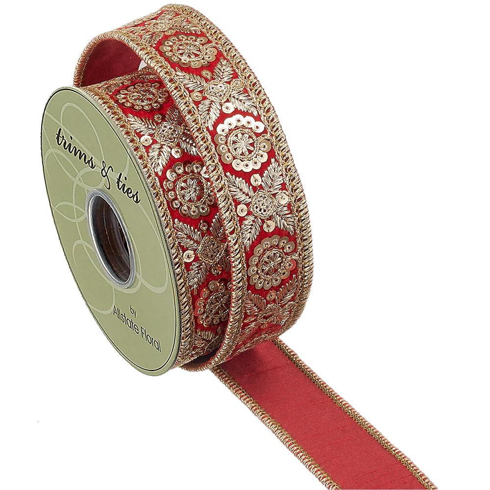1.5-inch red velvet ribbon with gold jewel trim and floral embroidery on a spool.