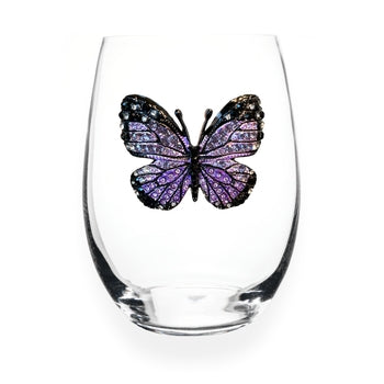 Handcrafted stemless wine glass with jeweled embellishments around the rim in clear crystal.