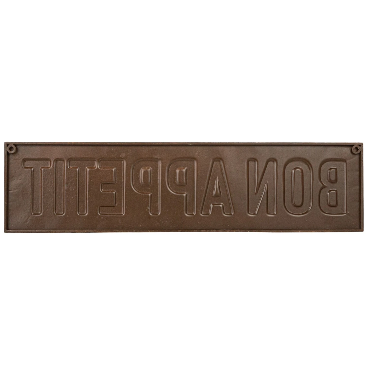 Back view of a rectangular embossed metal wall décor sign with the words Bon Appetit in reverse.