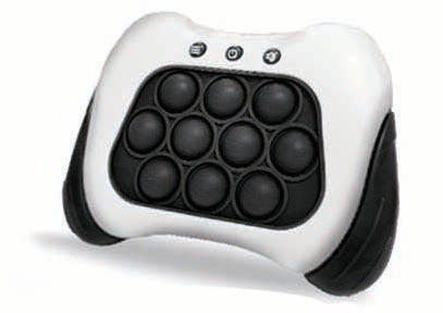 White and black fidget game controller with nine black pop-it bubbles and three buttons.