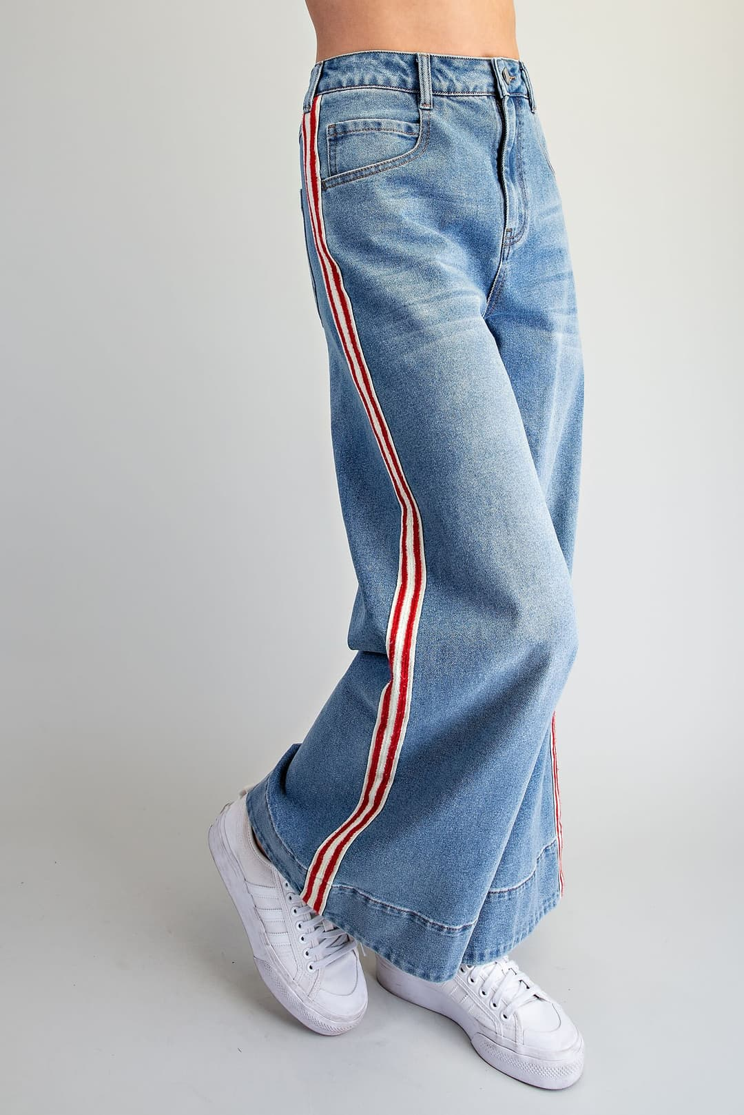 Amelia high-waisted wide leg denim pants with red and white sporty side stripes.
