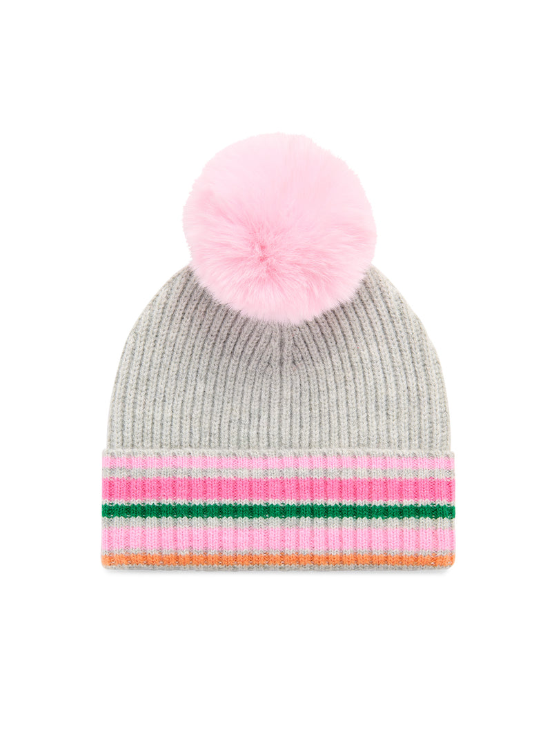 Grey ribbed knit Elle Beanie with a pink pom-pom and colorful striped cuff.