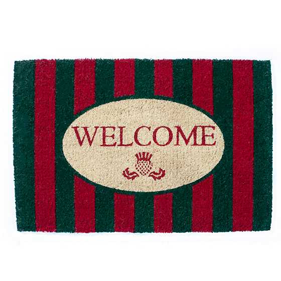 Red and green striped coir welcome mat with a rectangular shape.