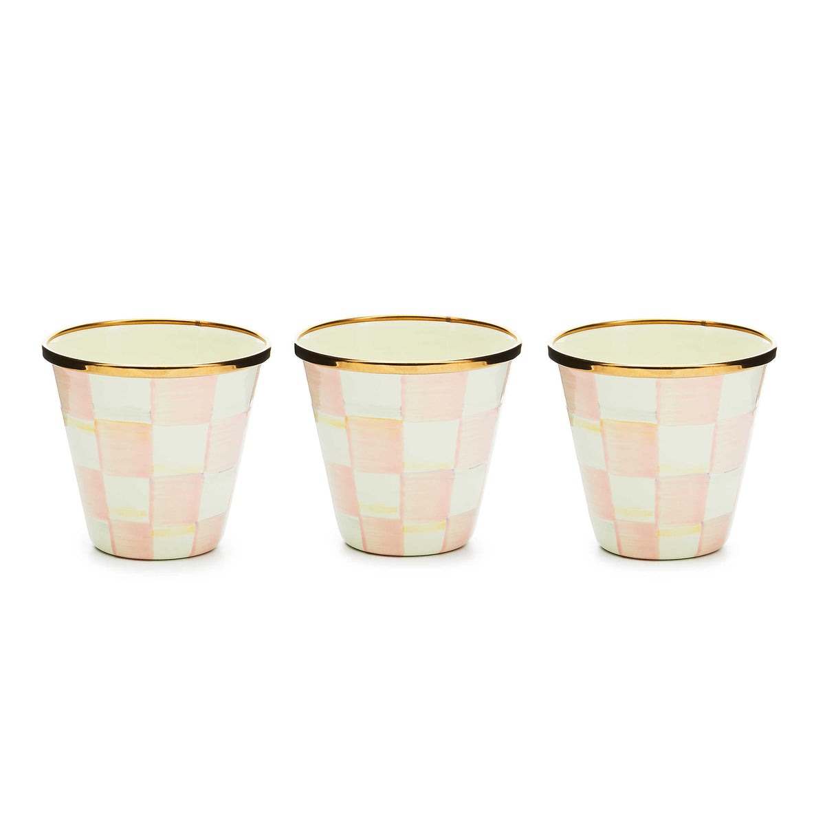 Three hand-painted pink and white checkered herb pots with bronzed stainless steel rims.
