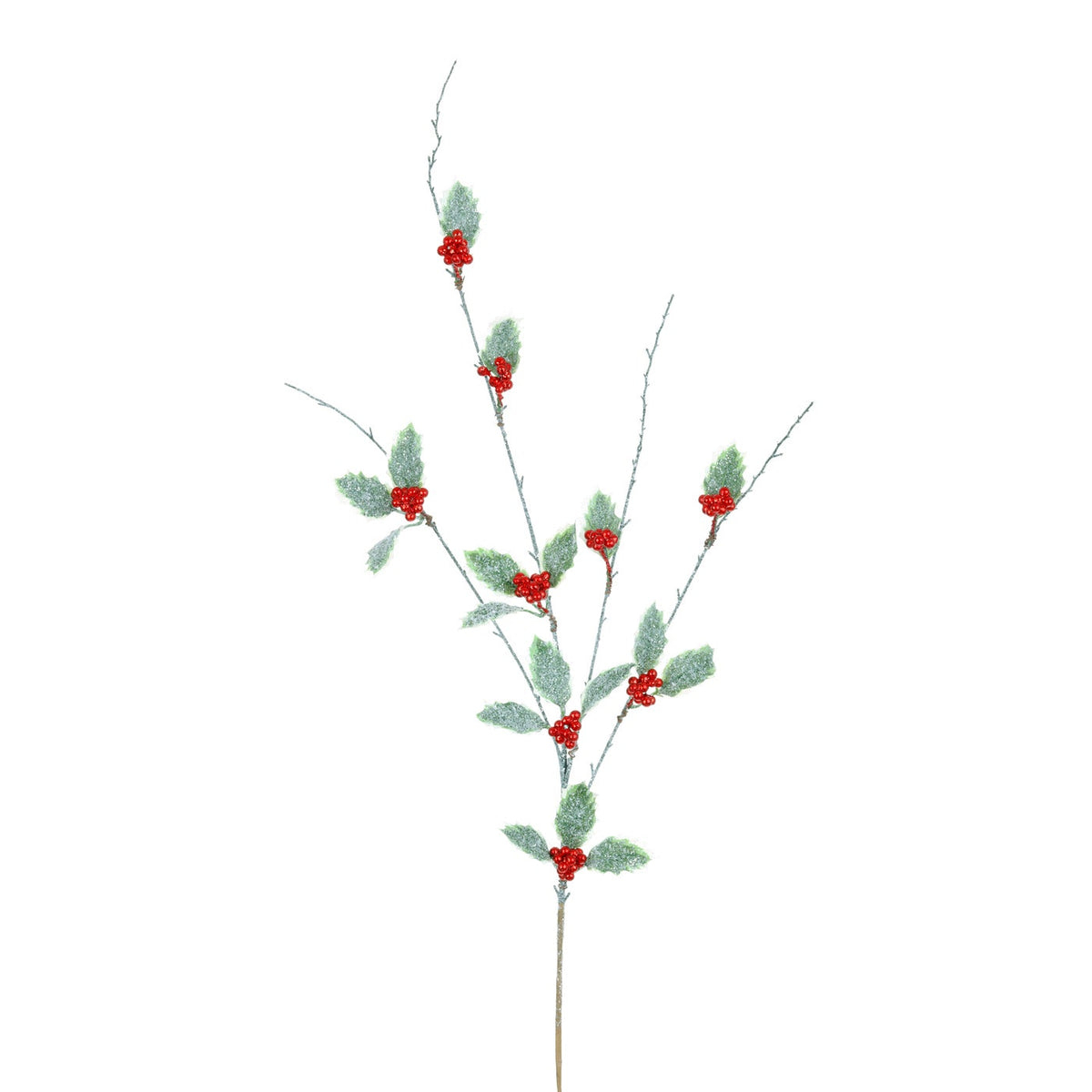 42-inch frosted holly berry branch with vibrant red berry clusters and textured evergreen leaves.