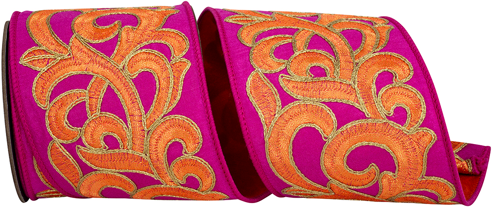 Fuchsia wired edge ribbon with orange and gold scroll embroidery and intertwined detailing.