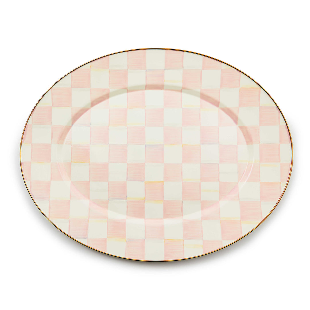 Large oval platter with hand-painted pink and white rosy checks and a bronzed stainless steel rim.