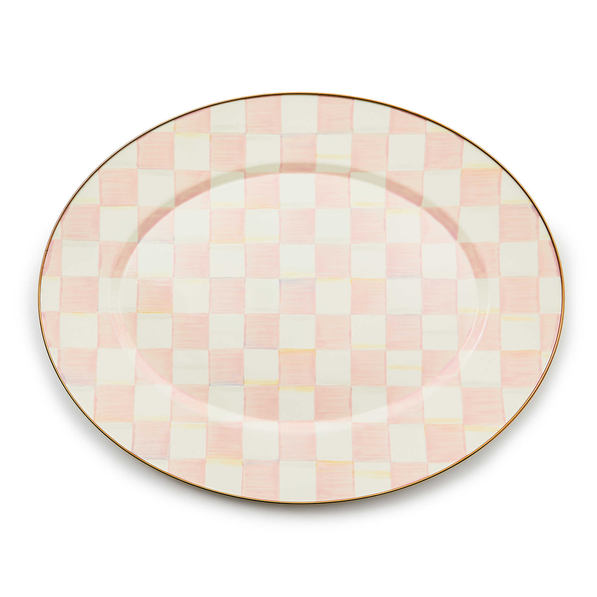 Large oval platter with hand-painted pink and white rosy checks and a bronzed stainless steel rim.