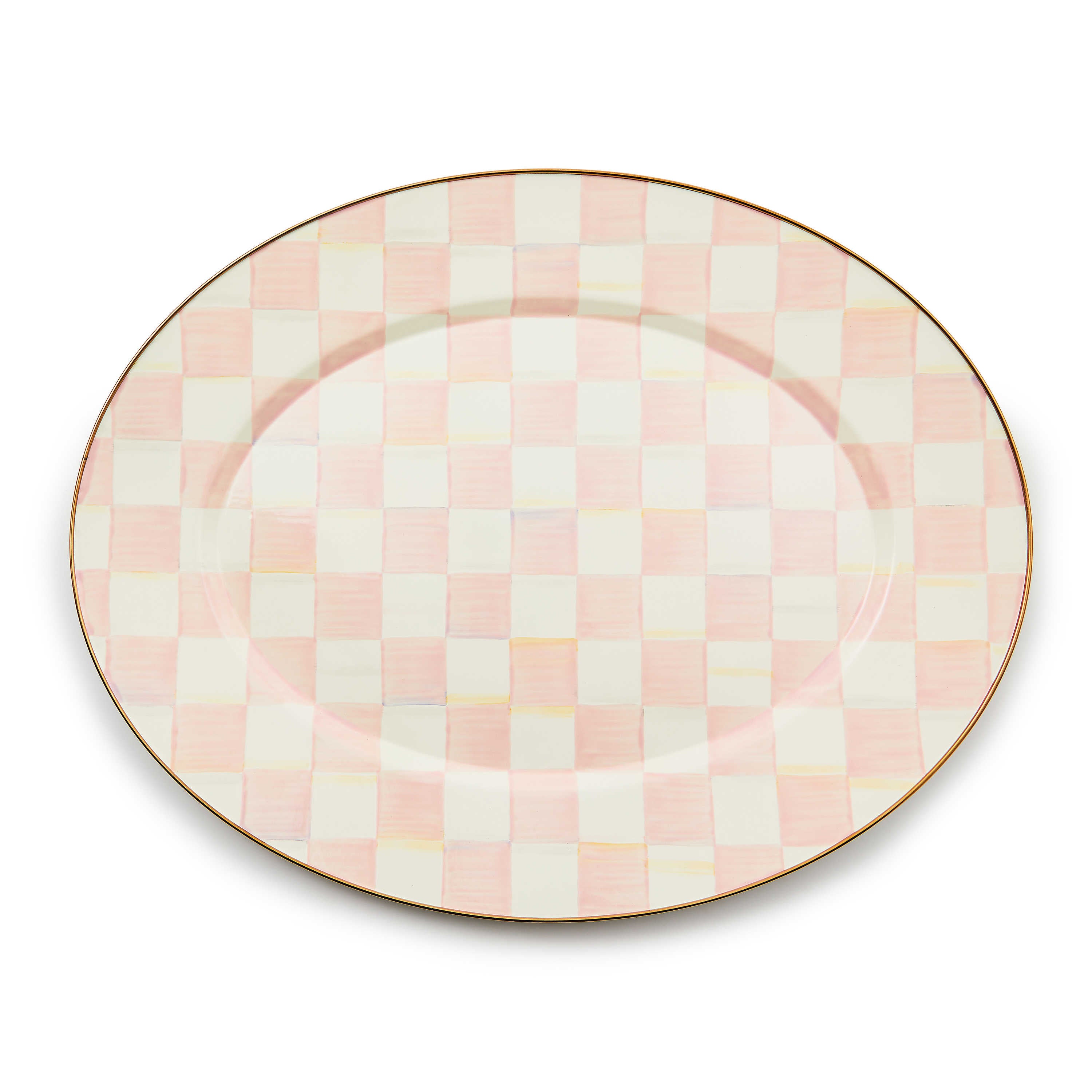 Large oval platter with hand-painted pink and white rosy checks and a bronzed stainless steel rim.