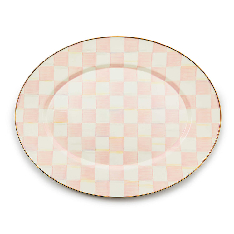 Large oval platter with hand-painted pink and white rosy checks and a bronzed stainless steel rim.