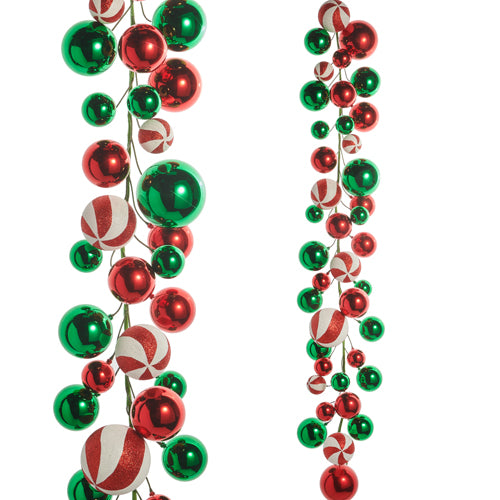 4-foot Christmas garland featuring shiny red and green ornaments with peppermint-striped balls.