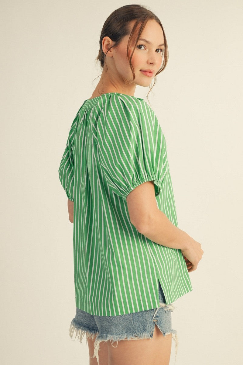 Ella striped peasant top with puff sleeves, shoulder pintuck detail, side slit hem in cotton blend.
