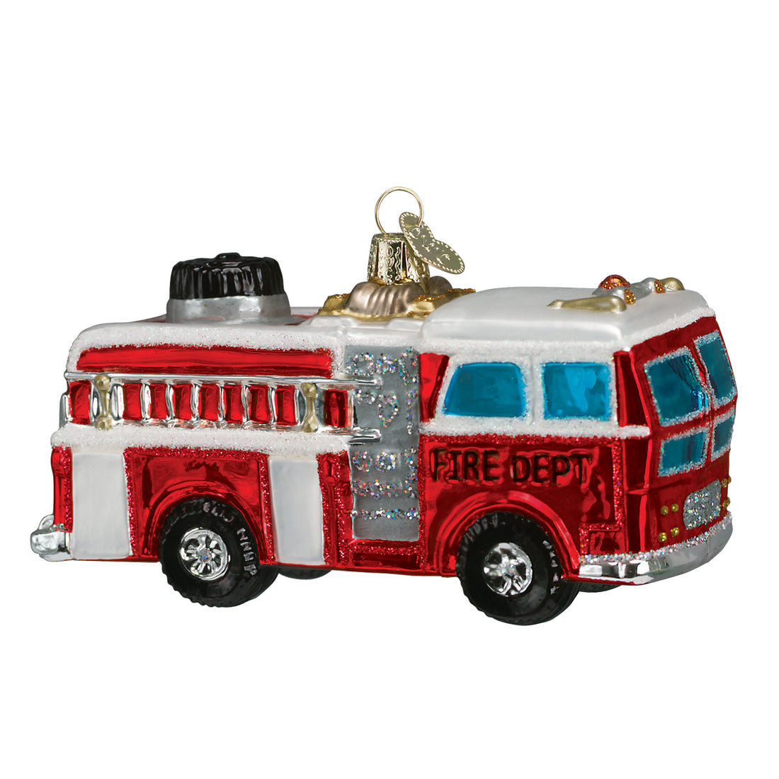 Red and white glass fire truck Christmas ornament with glitter accents and blue windows.