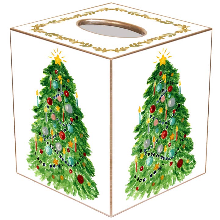 Hand-cut paper mache tissue box cover with gold-painted edges.
