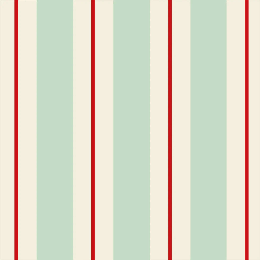 Cocktail napkin with a vertical striped pattern in red, cream, and light sage green.