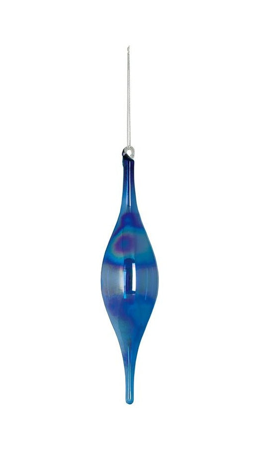 Blue iridescent finish glass finial ornament with a long, tapered shape and silver hanging string.
