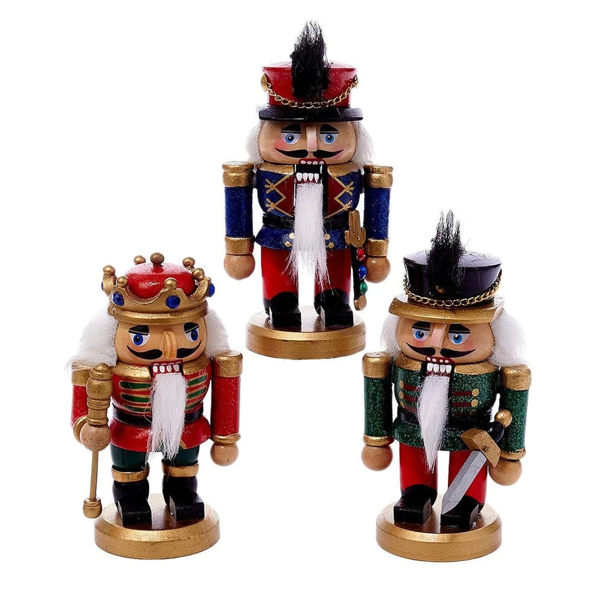 Three 5-inch miniature wooden nutcrackers: a king with a scepter and two soldiers with swords.