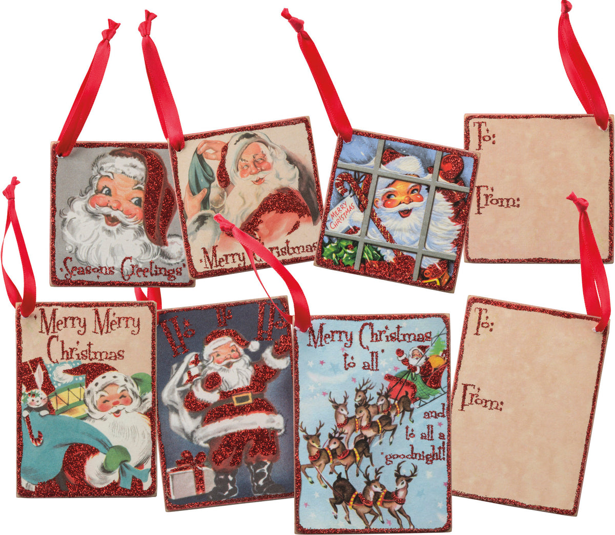 Set of vintage-style wooden Santa gift tags with red ribbons and glitter accents.