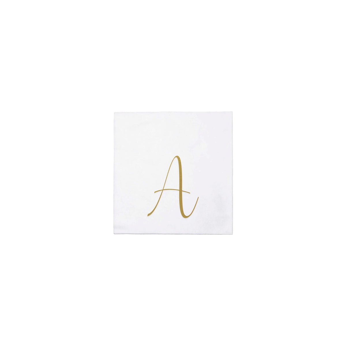 White Papersoft cocktail napkin featuring a gold script monogram letter A.