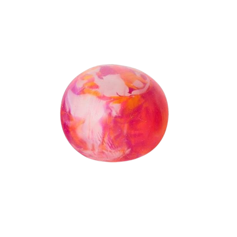Round stress ball with a vibrant pink, orange, and white marbled swirl pattern.