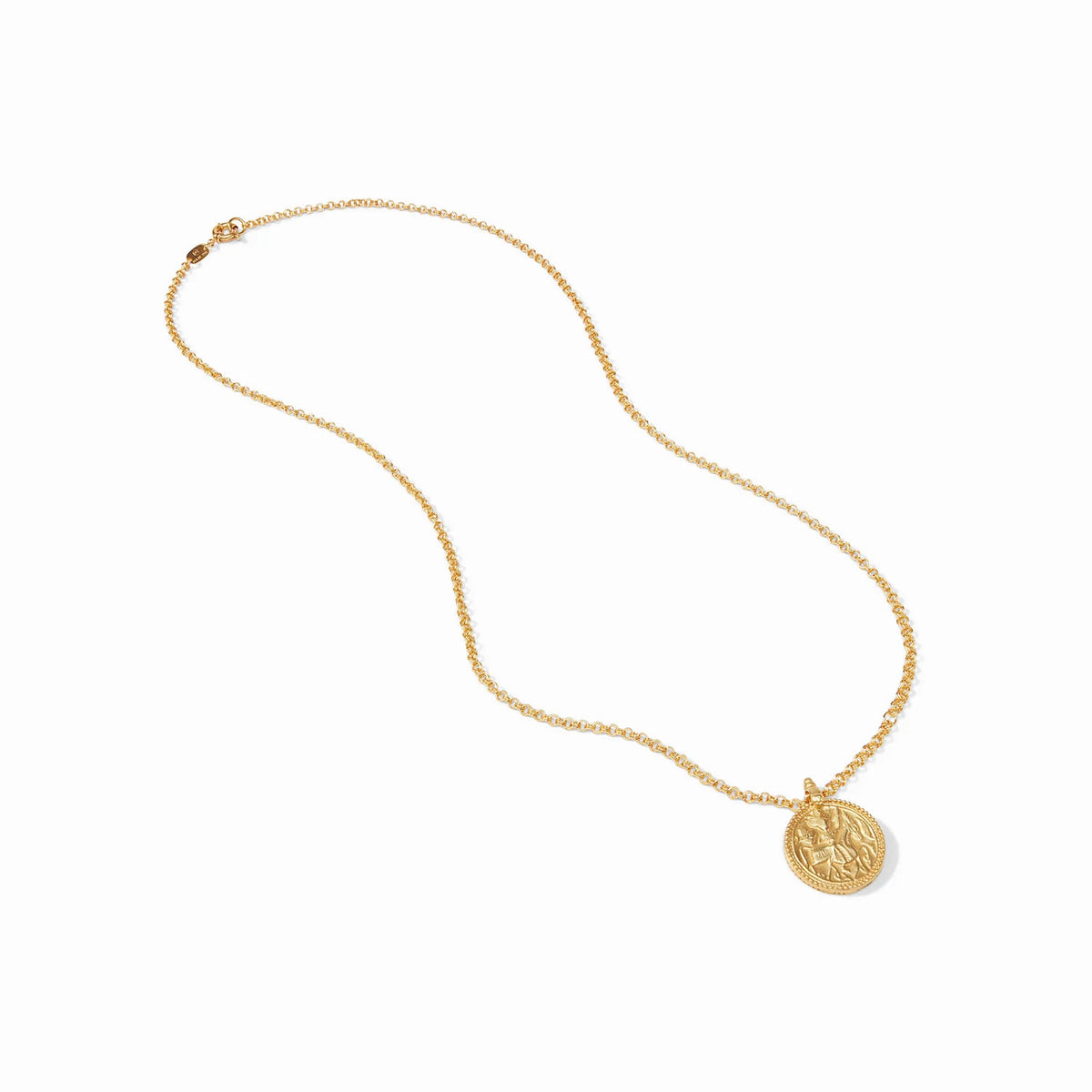 Gold coin pendant on a chain with a circular face.