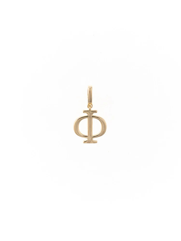 18k gold plated Greek letter Phi charm with a top clasp for a chain.