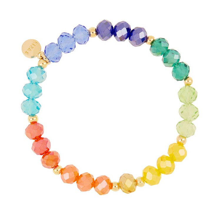 Clarksville Creation Bracelet with faceted rainbow glass beads and a gold logo charm.