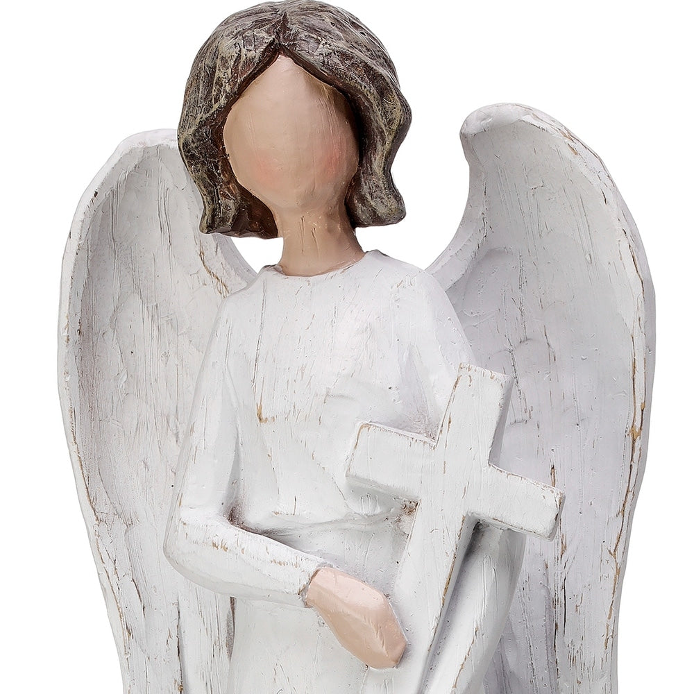 White resin angel figurine with brown distressing holding a cross