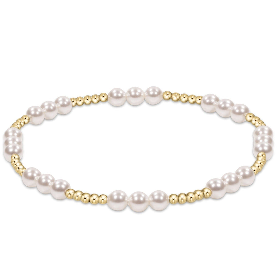 Classic Joy Pattern bracelet featuring 4mm gold-filled beads with 3mm crystal pearls on elastic cord.