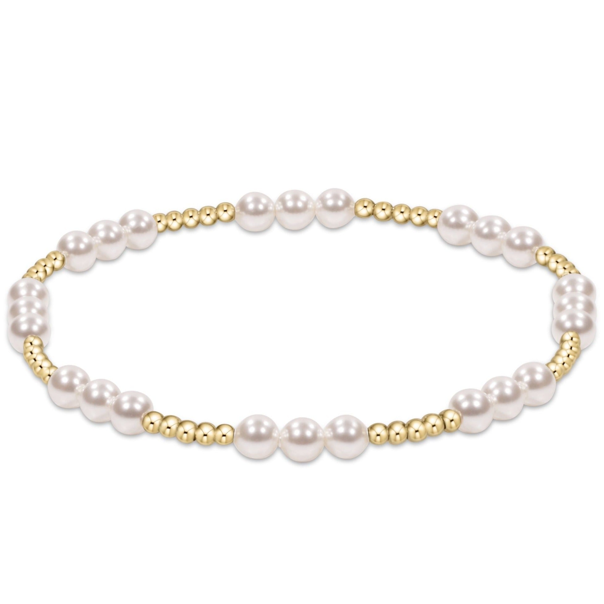 Classic Joy Pattern bracelet featuring 4mm gold-filled beads with 3mm crystal pearls on elastic cord.