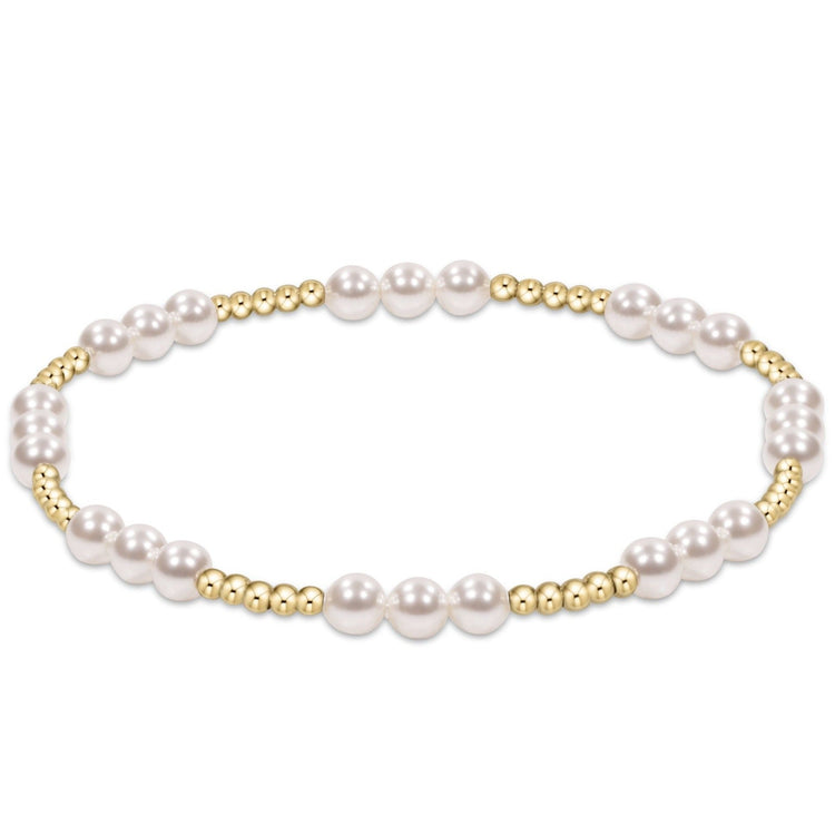 Classic Joy Pattern bracelet featuring 4mm gold-filled beads with 3mm crystal pearls on elastic cord.