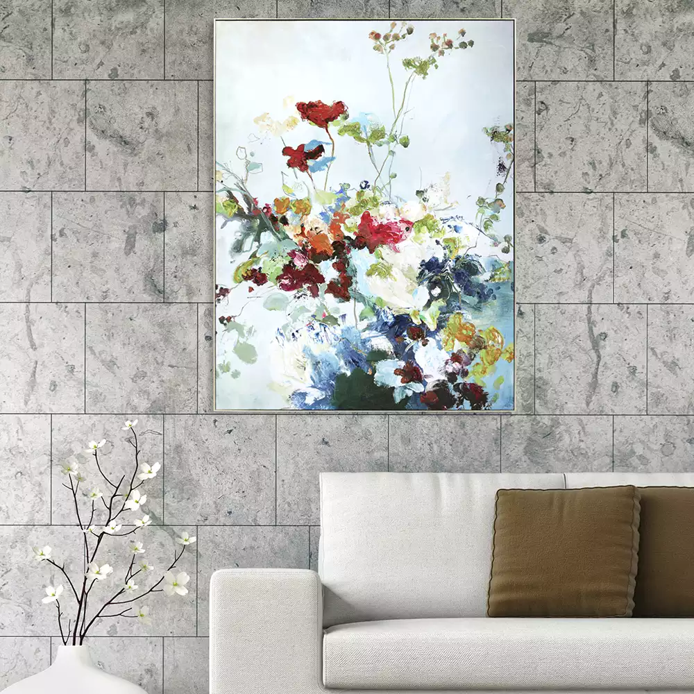 Abstract floral framed print with a colorful botanical pattern on white paper inside a simple frame.