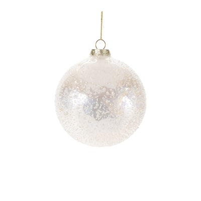 White iridescent glass ball ornament with a textured finish and gold hanging string.