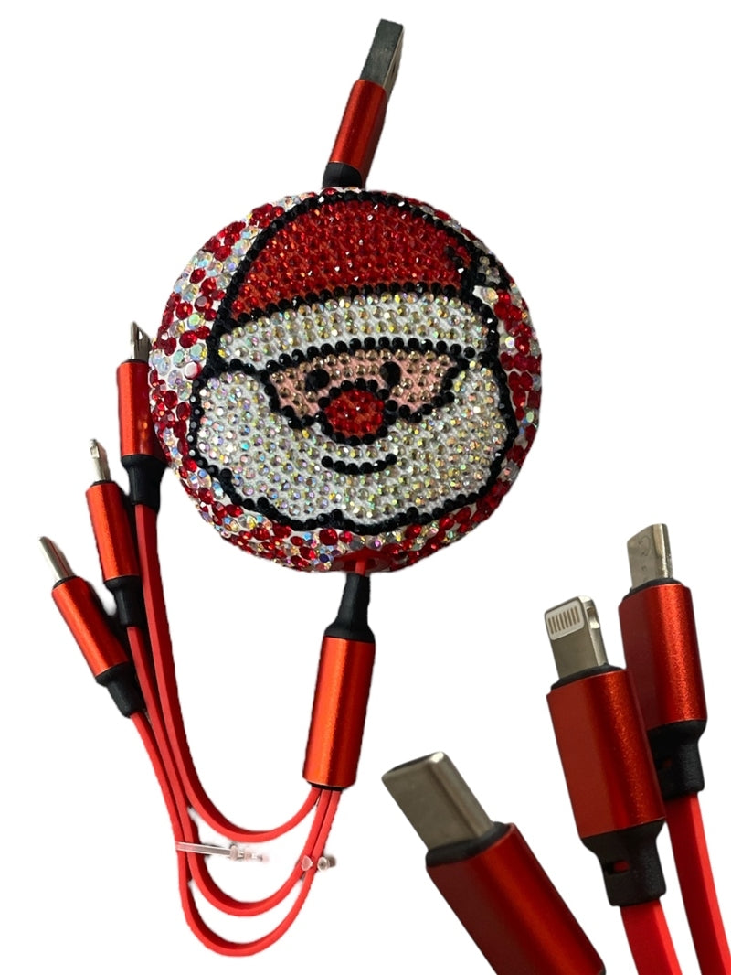 Bling Santa 3-in-1 retractable charger with red rhinestones and USB-C, Micro-USB, and Lightning ends.