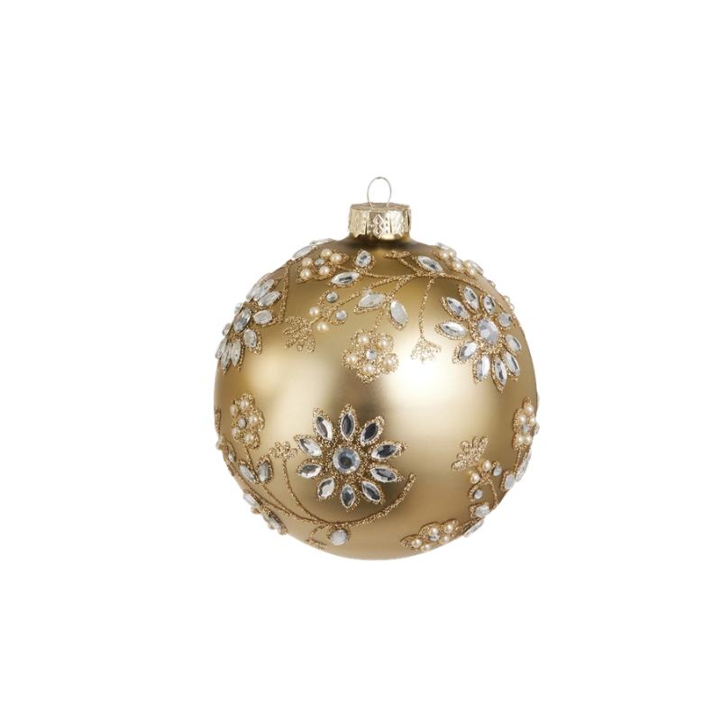 5-inch gold glass ball ornament with intricate floral patterns made of jewels and pearls.
